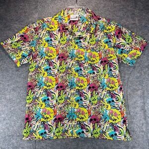 Boardies Hawaiian Shirt Mens Small Psychedelic Skulls Peace Signs Bright Aloha